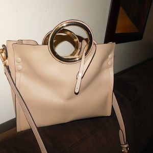 EUC Women’s Tan Purse HandBag Gold Handle & Trim